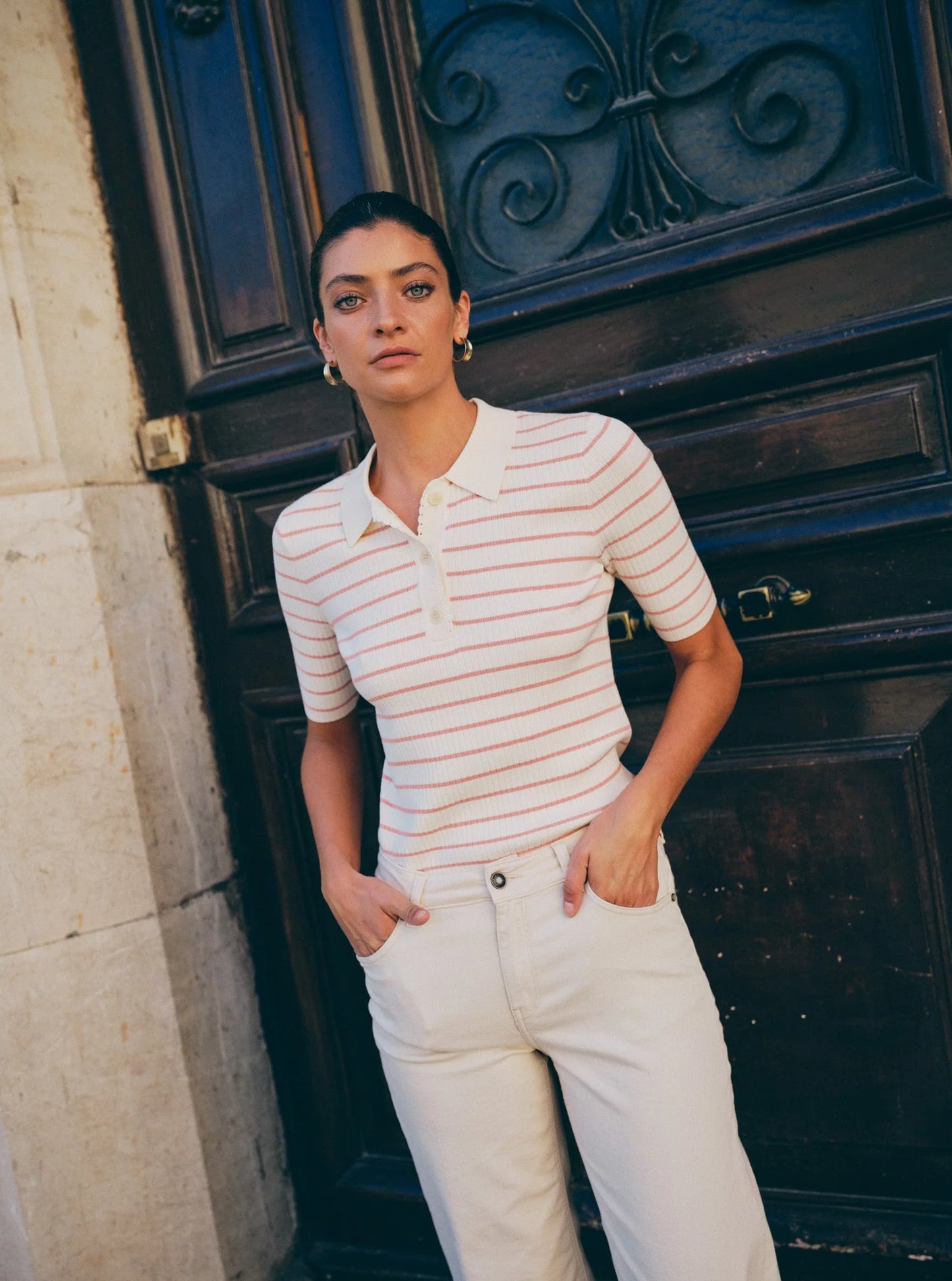 MM CALIZ STRIPE SS KNIT PEACHY