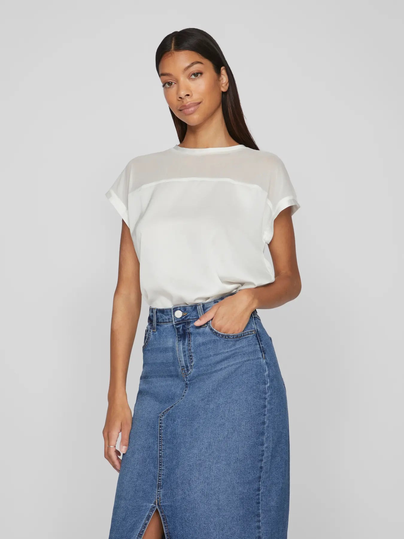 VILA VIELLETTE O-NECK MESH TOP S WH